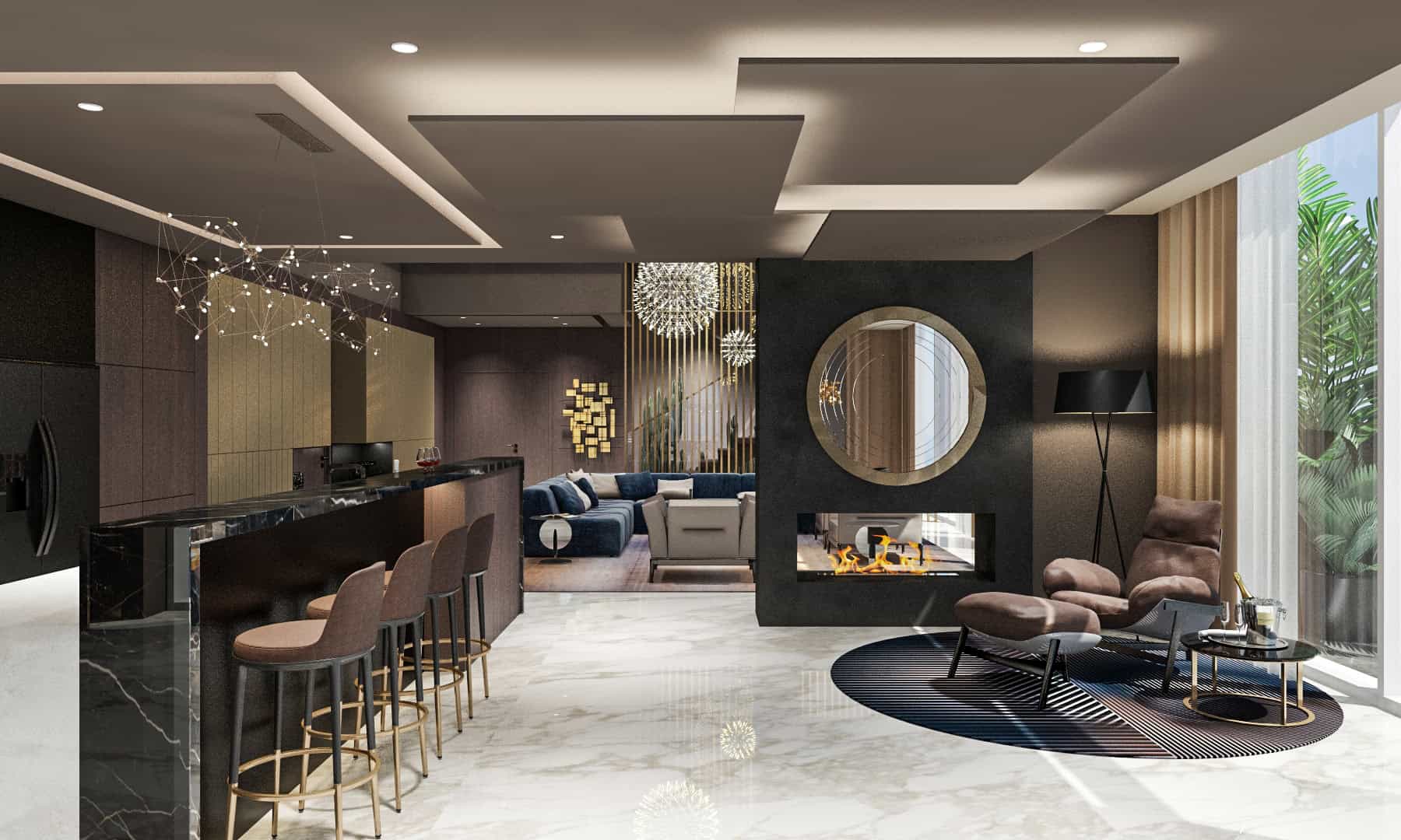 Sodoben interier penthousa v Dubaju s panoramskim pogledom na mesto